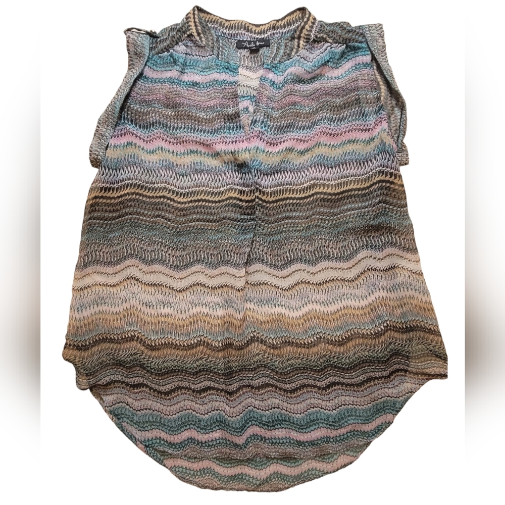 Antilia Femme Wavy Line Cuffed Sleeveless Semi Sheer Blouse L